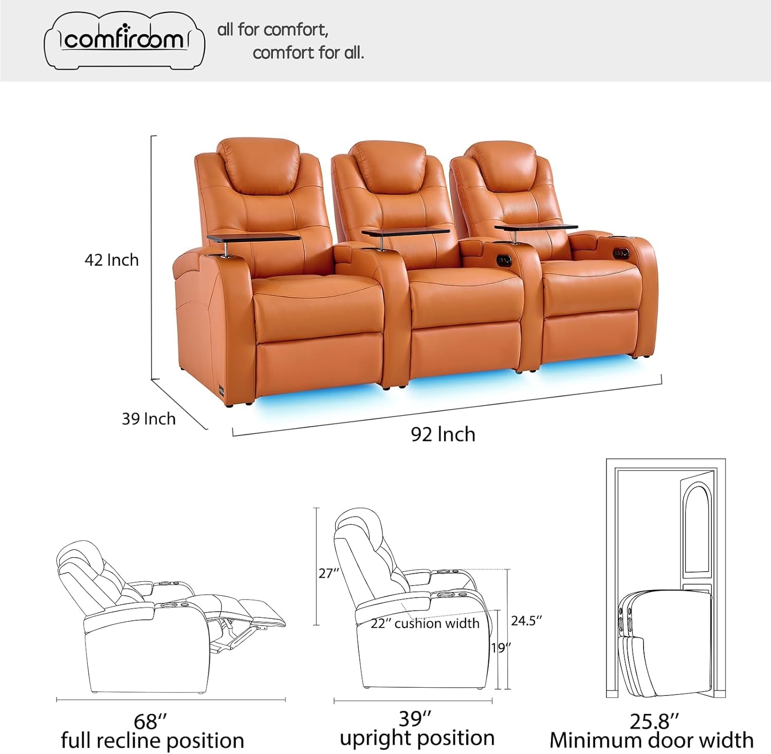 Orange Top Grain Leather Home Theater Seating Row Of Three USB Charger