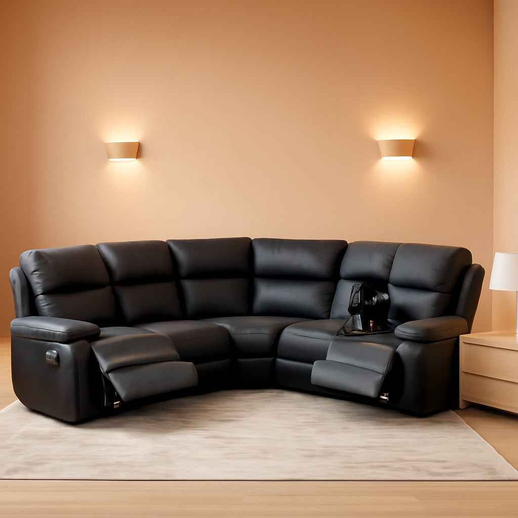 Power Reclining Leather Sectional Sofa Black Home Theater-0