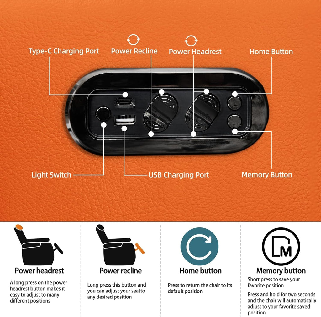 Orange Top Grain Leather Home Theater Seating Row Of Three USB Charger