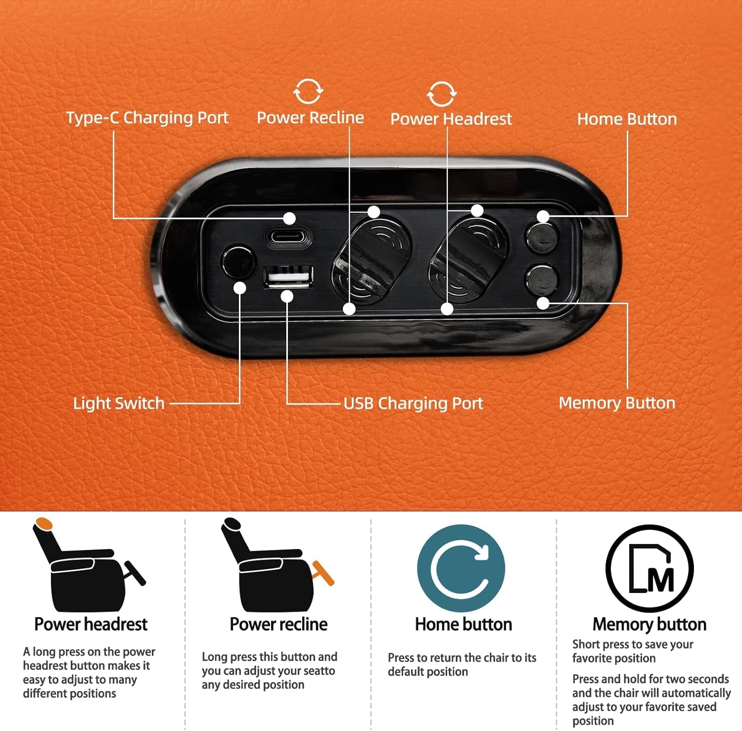 Orange Top Grain Leather Home Theater Seating Row Of Three USB Charger