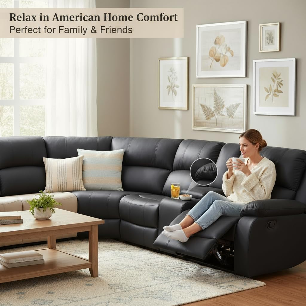 Power Reclining Leather Sectional Sofa Black Home Theater-3
