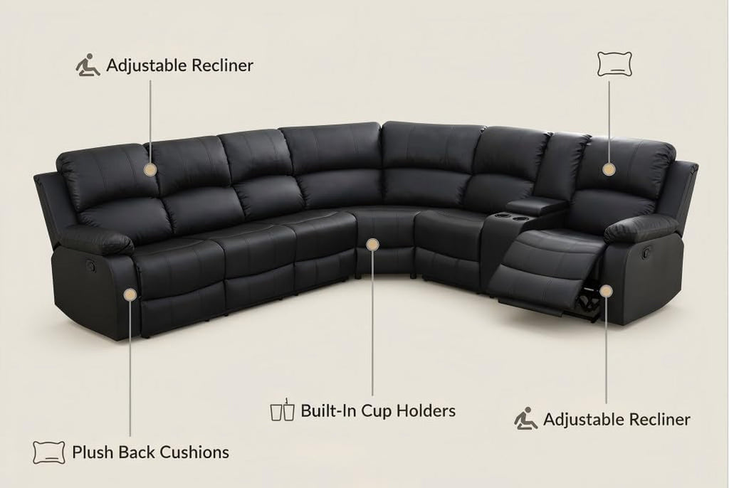 Power Reclining Leather Sectional Sofa Black Home Theater-4
