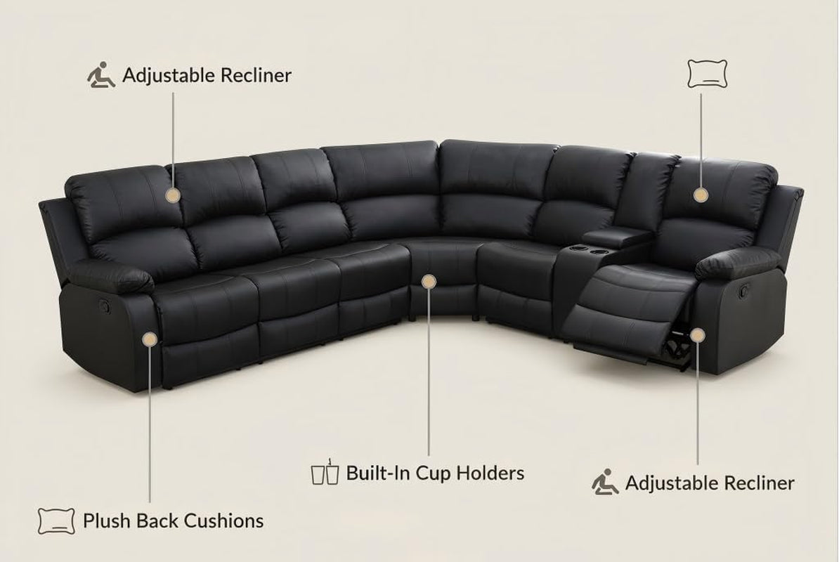 Power Reclining Leather Sectional Sofa Black Home Theater-4
